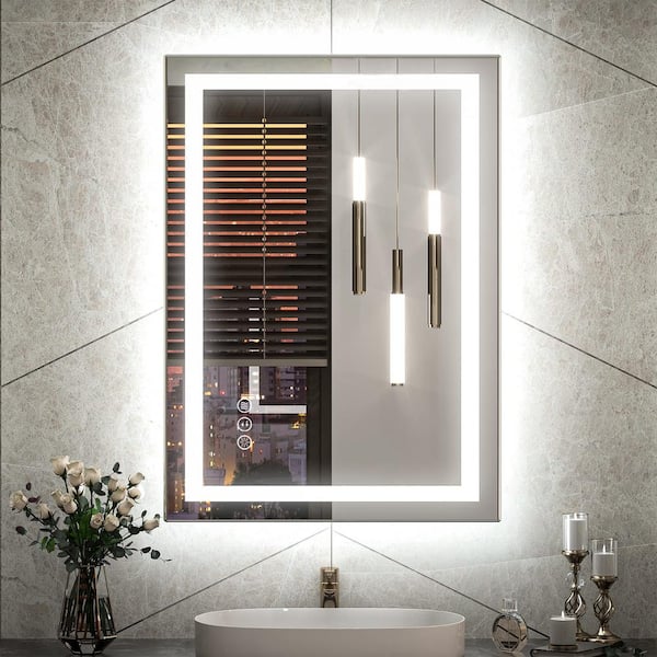Apmir 20 in. W x 28 in. H Rectangular Frameless Double LED Lights Anti-Fog Wall Bathroom Vanity Mirror in Tempered Glass, 3-Color Frontlit & Backlit