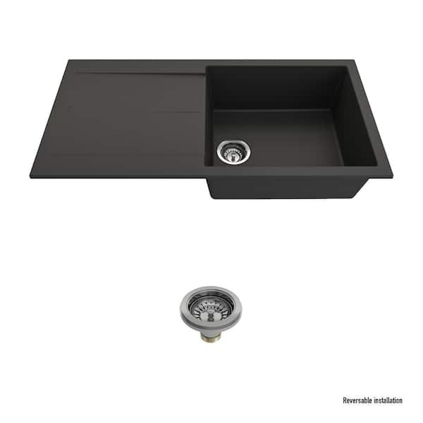 45 Black Quartz Kitchen Sink Double Bowl Drop-In Sink with Drain Board