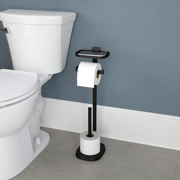 Free Standing Toilet Paper Holder with Storage Shelf and Extra Roll Holder in Matte Black