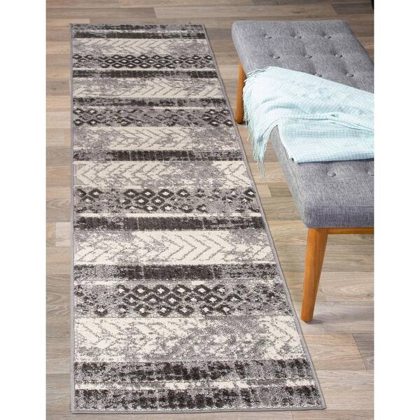 World Rug Gallery Bohemian Bordered Indoor/Outdoor Flatweave Waterproof Backyard Patio Area Rug - Gray - 2'x7' Runner