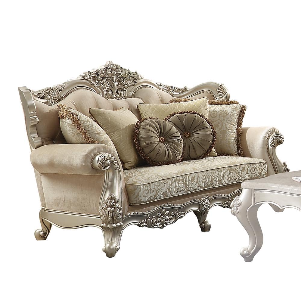 Champagne Beige Tufted Linen Rolled Arm Loveseat with Nailhead Trim