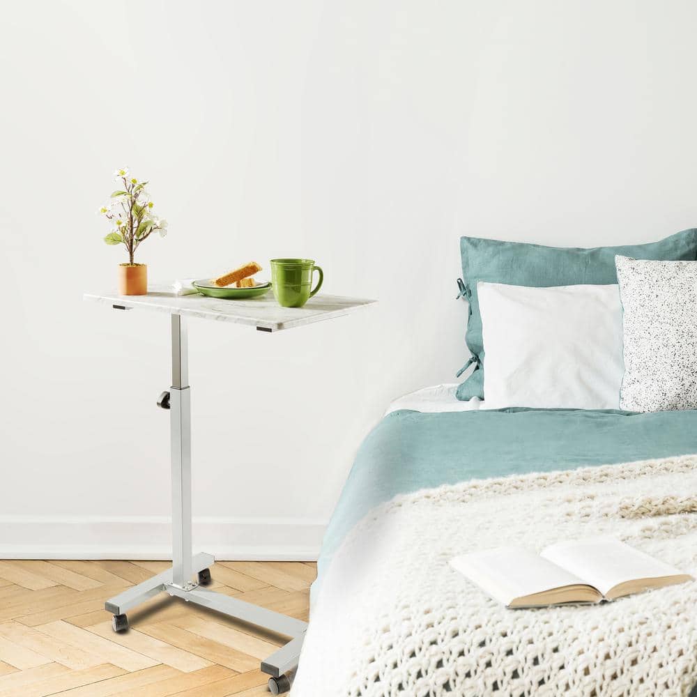 Adjustable Marble and Silver Mobile Side Table Cart