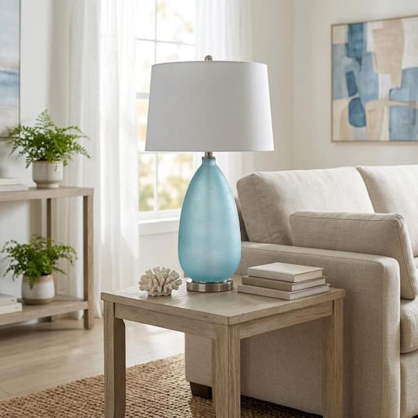 30 in. Blue Frosted Glass Table Lamp with Metal Base