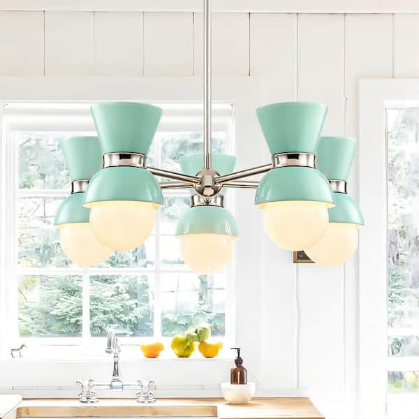 RRTYO Alliber 5-Light Ceramic Gloss Robins Egg Blue Modern Linear Sputnik Chandelier with Cone Bowl-Shape Ceramic Bubble Globe