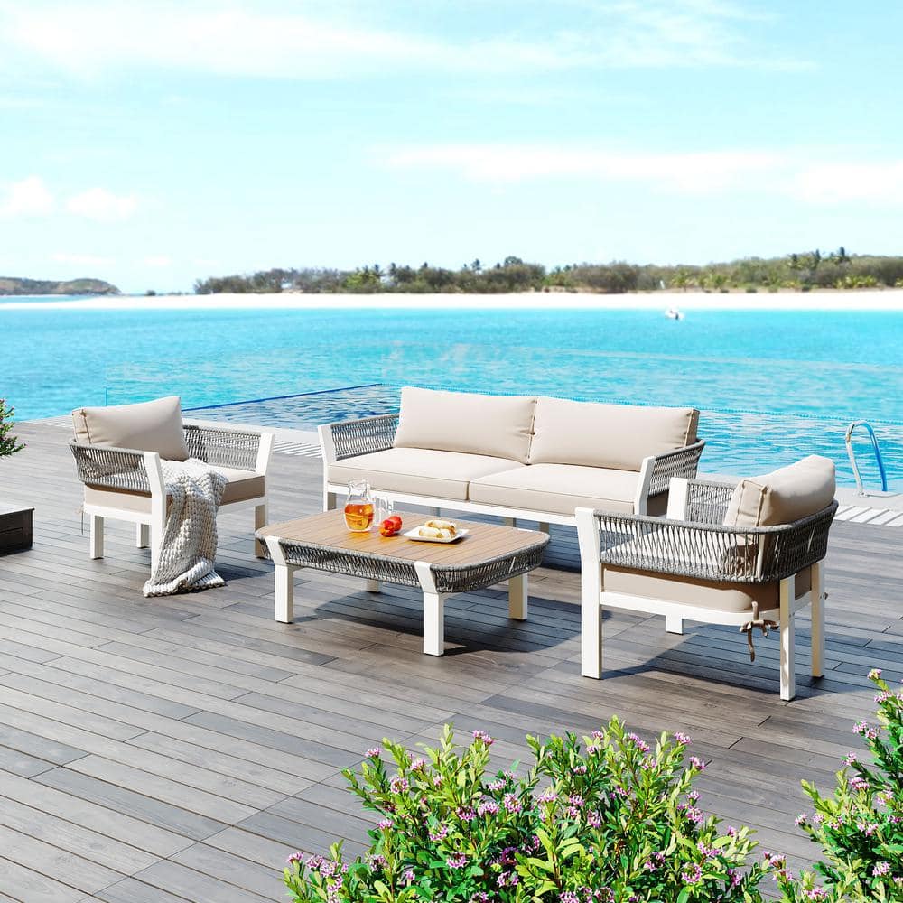 4-Piece Braided Rope Metal Outdoor Patio Couch Sofa Set with Coffee Table a