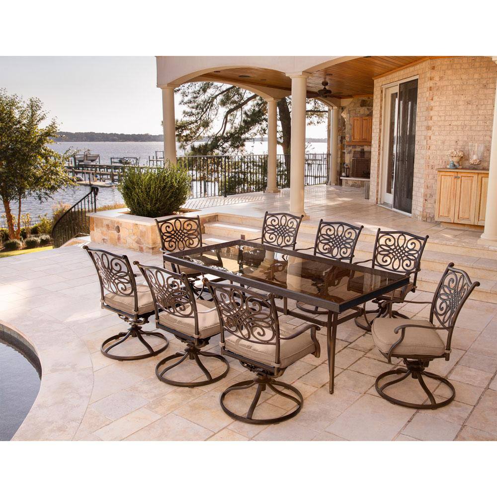 Hanover Traditions 9-Piece Bronze Aluminum Patio Dining Set with Beige Cushions