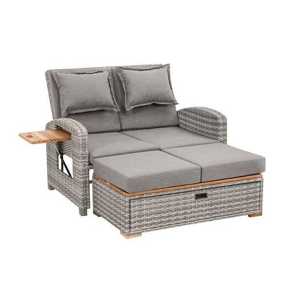 Timy Wicker Outdoor Reclining Chaise Lounge Set with Storage Bench and Gray Cushion
