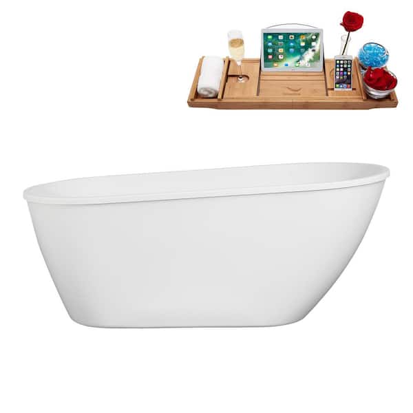 Streamline 61 in. x 29 in. Acrylic Freestanding Soaking Bathtub in Glossy White With Matte Oil Rubbed Bronze Drain, Bamboo Tray