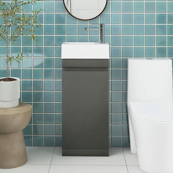 Staykiwi 16 in. W x 9 in. D x 36.6in. H Single Sink Narrow Freestanding Bath Vanity in Gray with White Solid Surface Top
