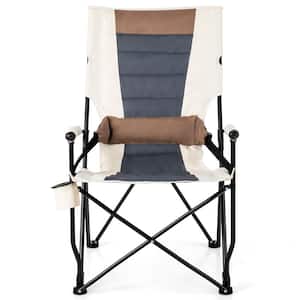 White and Brown Metal Folding Camping Chair with Cup Holder Armrest and Lumbar Pillow