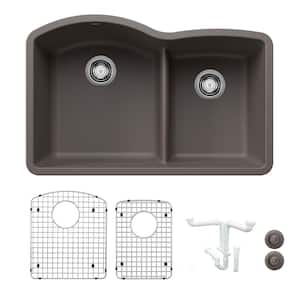 Diamond 32.07 in. Undermount Double Bowl Volcano Gray Granite Composite Kitchen Sink Kit with Accessories