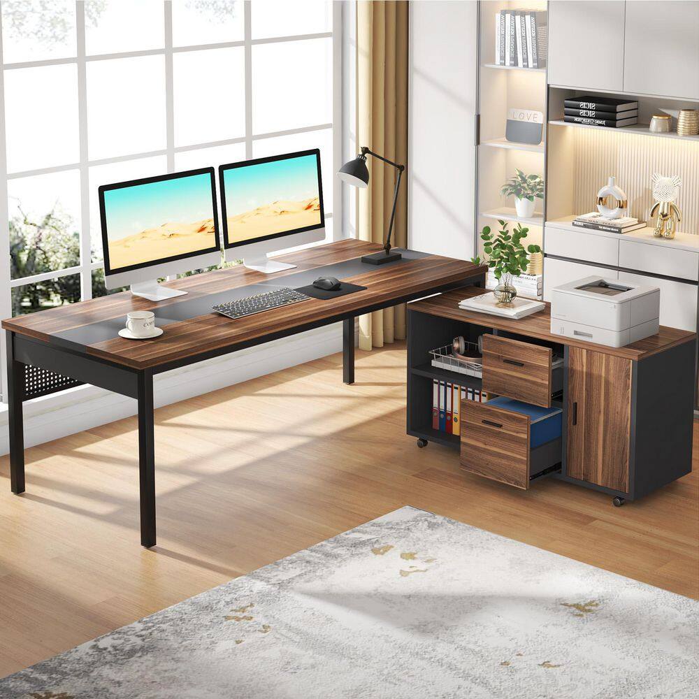 Lanita 71 in. Brown Wood L Shaped Computer Desk with Mobile File Cabinet, Large Modern Executive Desk for Home Office