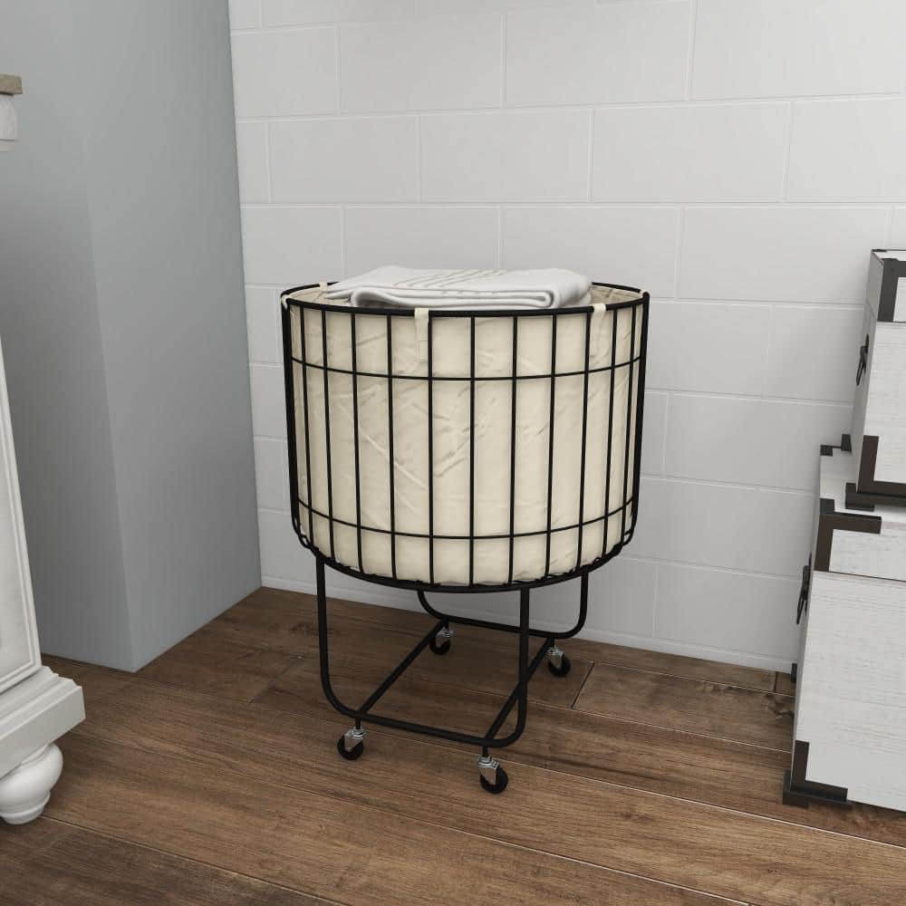 Black Metal Wire Basket Storage Cart with Wheels and Removable Fabric