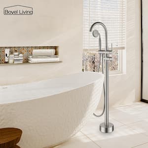 6 GPM 2-Handle Floor Mount Freestanding Tub Faucet with Hand Shower and Built-in Valve in Brushed Nickel