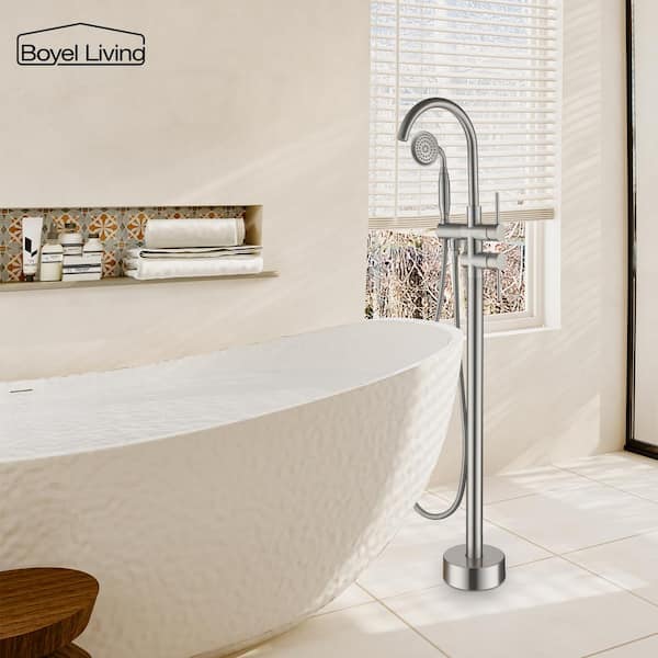 6 GPM 2-Handle Floor Mount Freestanding Tub Faucet with Hand Shower and Built-in Valve in Brushed Nickel