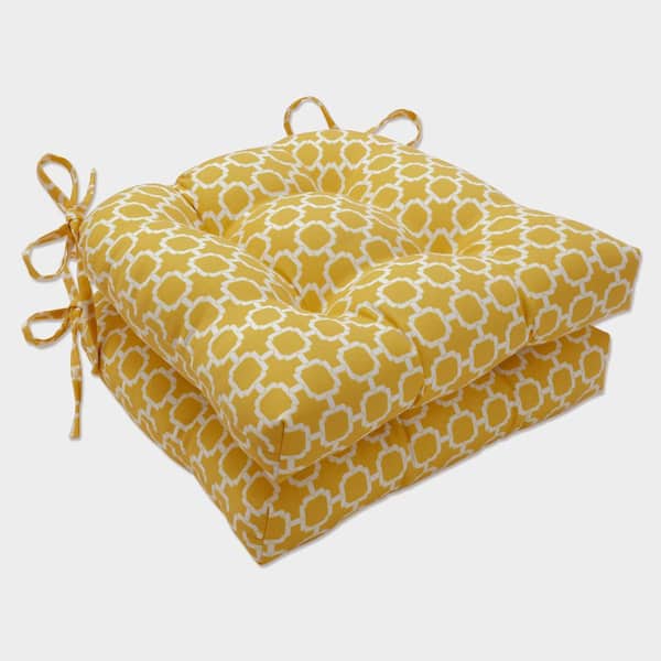 Pillow Perfect 17.5 in. x 17 in. Outdoor Dining Chair Cushion in Yellow/White (Set of 2)