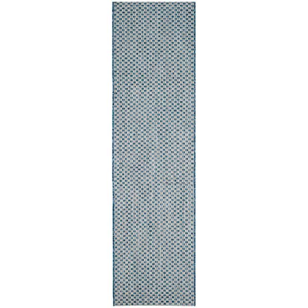 Courtyard Blue/Light Gray 2 ft. x 12 ft. Solid Indoor/Outdoor Patio  Runner Rug