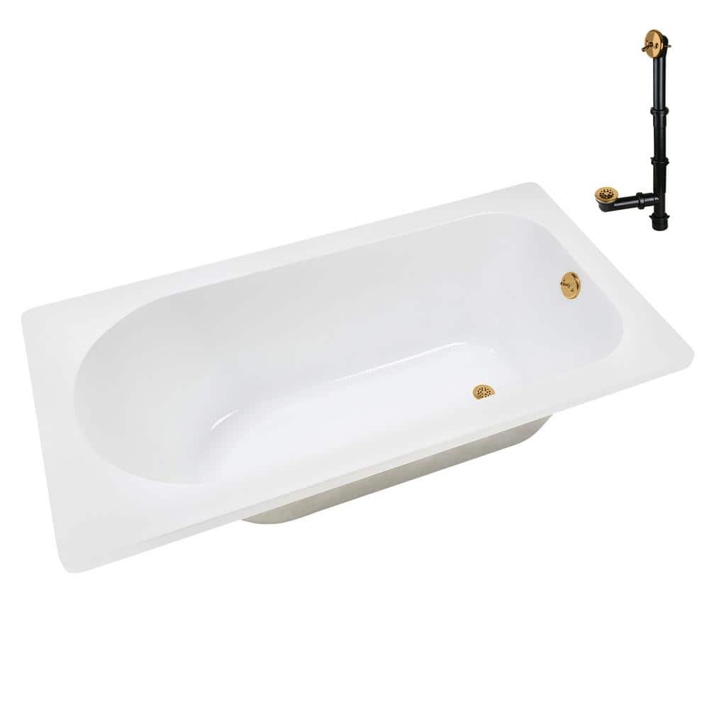 72" Glossy White Acrylic Drop-In Soaking Bathtub with Brushed Gold Trim