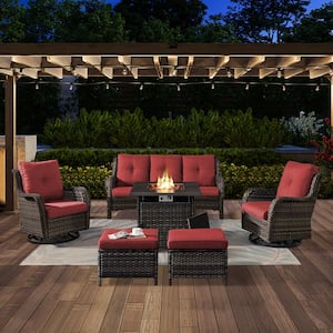 ArcoBay 6-Piece Gray Wicker Patio Square Fire Pit Conversation Set with Red Cushions and Swivel Rocking Chairs