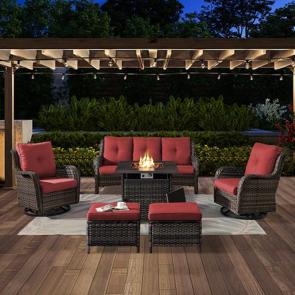 Opohoro ArcoBay 6-Piece Gray Wicker Patio Square Fire Pit Conversation Set with Red Cushions and Swivel Rocking Chairs