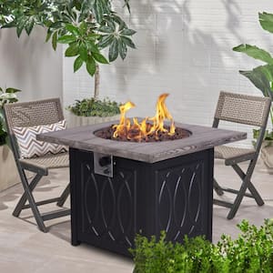 Sonama Faux Woodgrain Table Top and Steel Base Propane Outdoor Fire Pit Table with Lid in Dark