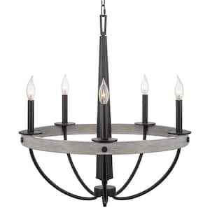 Maverick 60-Watt 5-Light Gray Oak Wood Style Farmhouse Chandelier, No Bulb Included