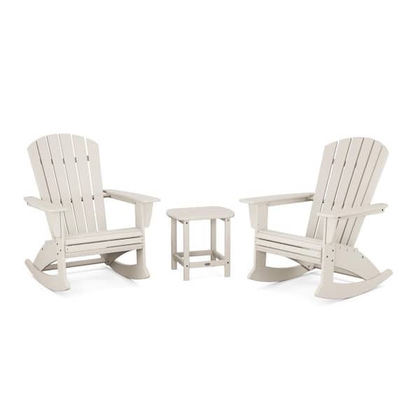 POLYWOOD Nautical Curveback Adirondack Rocking Chair Sand 3-Piece HDPE Plastic Patio Conversation Set