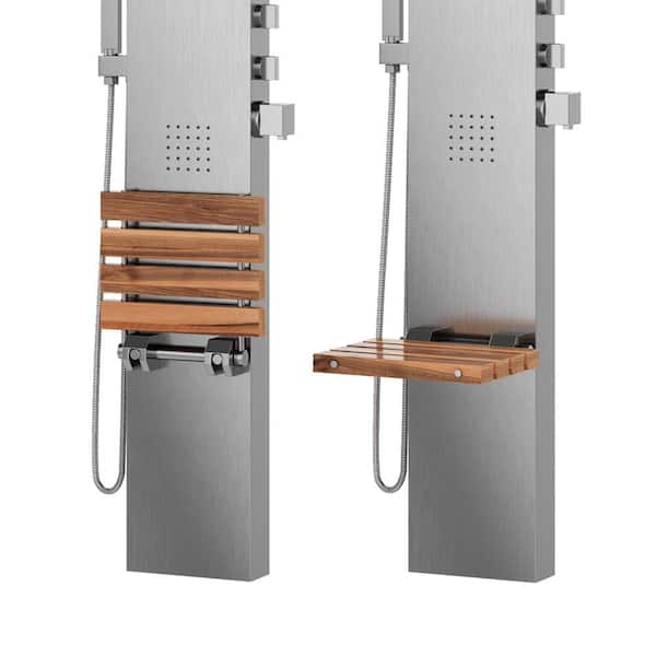 Oahu 4-Jet Shower System with Folding Teak Seat and Matte Stainless Steel Panel with Polished Chrome Fixtures Oahu 4-Jet Shower System with Folding Teak Seat and Matte Stainless Steel Panel with Polished Chrome Fixtures