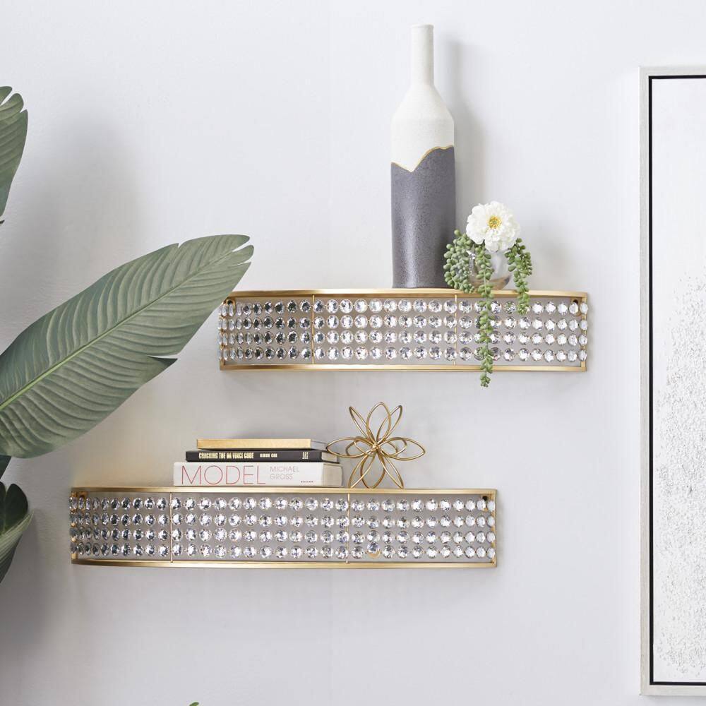 Elegant Gold-Tone Metal Wall Shelf with Crystal Accents, Set of 2
