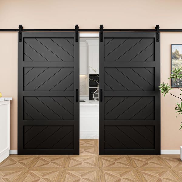 84 in. x 84 in. Black Finished 4-Lite Wave Pattern Style MDF Sliding Barn Door with Hardware Kit