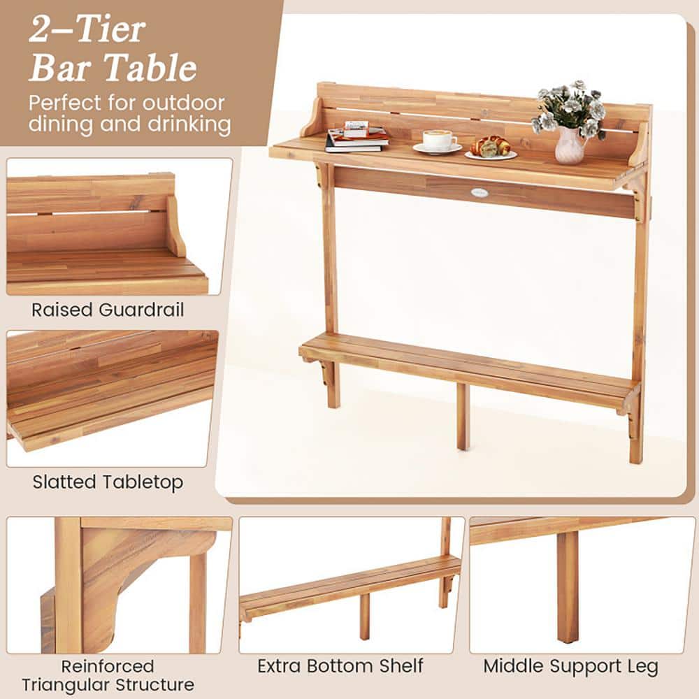 Acacia Wood 3-Piece Balcony Bar Table Set with Footrest
