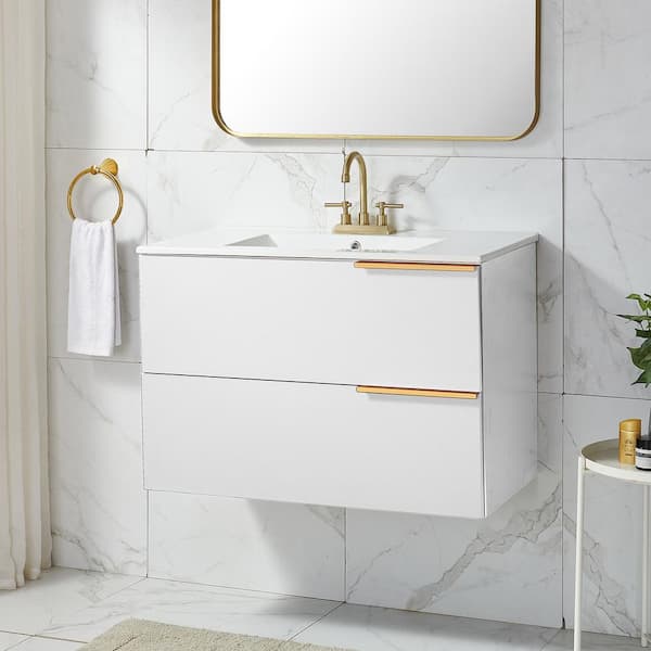 Columbia 31.5 Single Vanity Cabinet, Radiant Gold, w/ White Glossy  Composite Countertop - Polaris Home Design