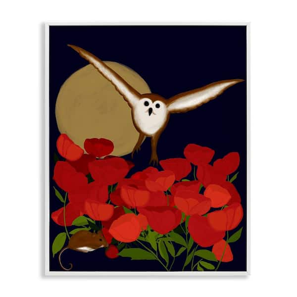 Stupell Industries Owl over Poppy Field by Michelle Ingari Designs White Framed Animal Giclee Art Print 14 in. x 11 in.