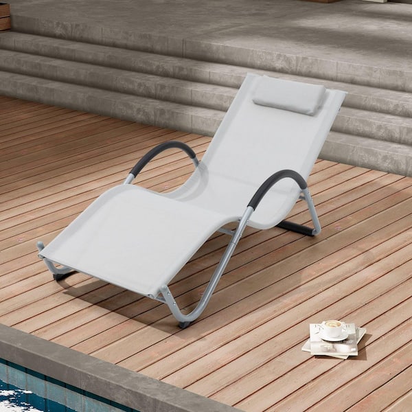 1-Piece Light Gray Metal Outdoor Chaise Lounge with Removable Pillow and Textilene Fabric Seat for Pool Deck