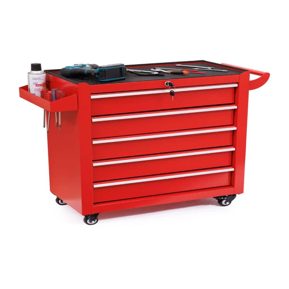 Red 5-Drawer Rolling Tool Cart with Foldable Side Tray Hooks, Heavy-Duty Lockable Tool Cabinet for Garage price history on PriceWatchPro