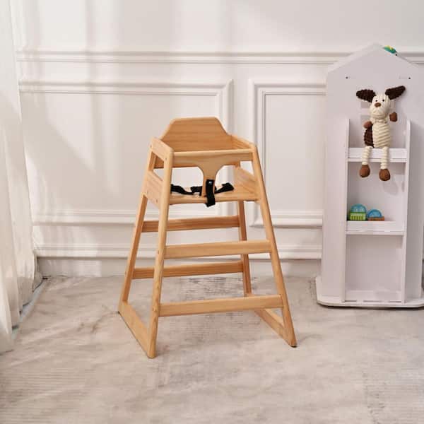 Natural Pine Baby High Chair with Adjustable Straps, Perimeter Guardrails