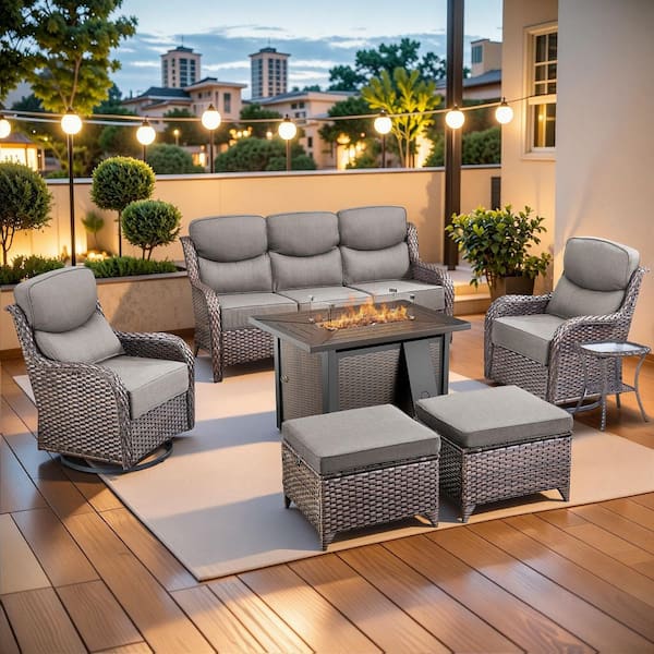 MoonLuxe Brown Wicker Fire Pit Conversation Set with Gray Olefin 6 in. Thick Cushions Patio Swivel Chairs (7-Piece)