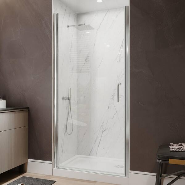 Victoria 36 to 37-3/8 in. W x 72 in. H Pivot Swing Frameless Shower Door in Chrome with Clear Glass
