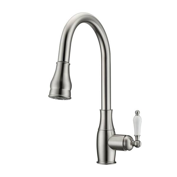 Barclay Products Caryl Single Handle Deck Mount Gooseneck Pull Down Spray Kitchen Faucet with Porcelain Handle in Brushed Nickel