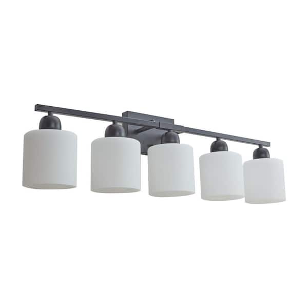 Modern 32 in. 5-Light Black Vanity Light Wall Sconce with Milky White Frosted Glass Shades