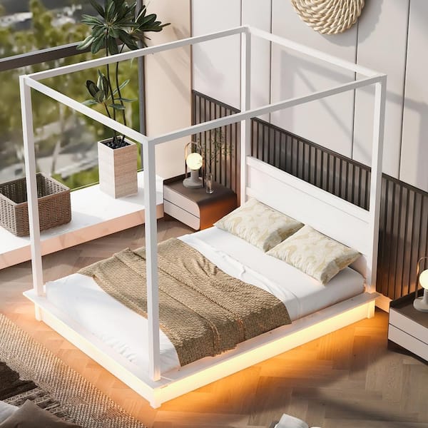 Harper And Bright Designs White Wood Frame Queen Size Canopy Bed With Led