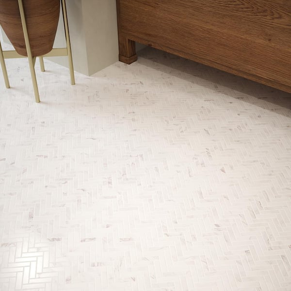Cascade Milky Veil White 10.875" x 10.625" Herringbone Honed Marble Wall and Floor Mosaic Tile (12.03 sq. ft./Case)