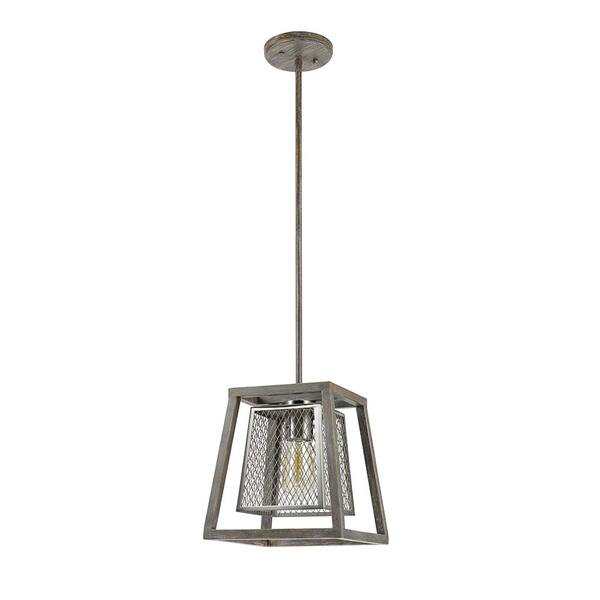 Home Decorators Collection 1-Light Gray Drift Wood Dual Shade Mini Pendant with Brushed Nickel Mesh Inner Shade