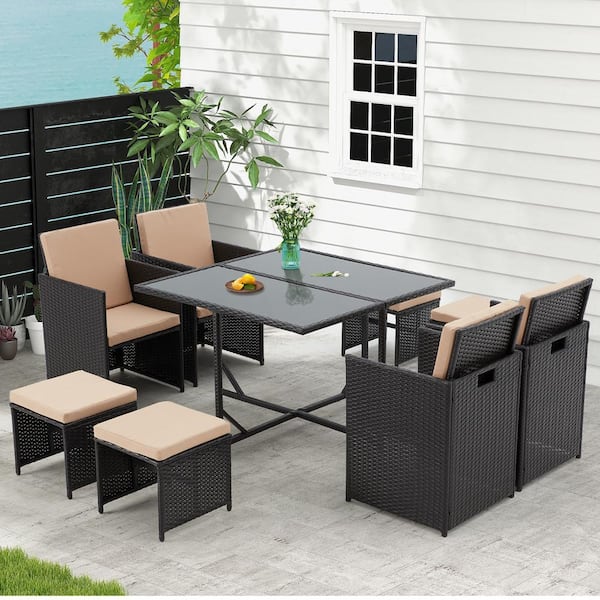 Cesicia 9-Piece PE Rattan Wicker Outdoor Patio Conversation Sectional Sofa with Beige Cushions