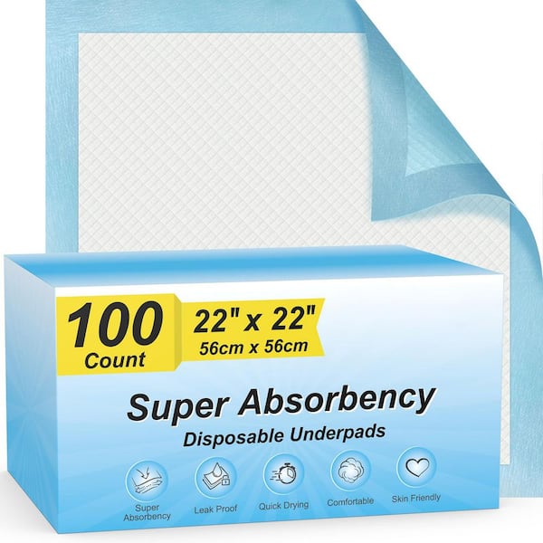 22 in. x 22 in. Super Absorbent Disposable Underpads, Leakproof Quick Drying Pads for Baby, Puppy and Adults - 100-Pack