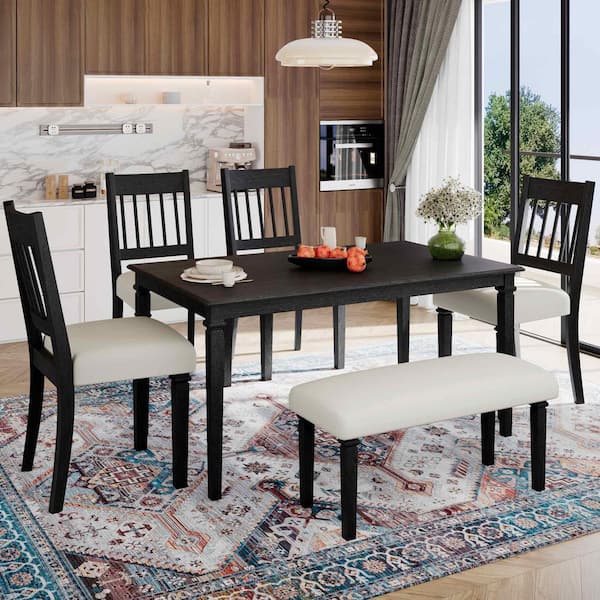 6-Piece Rectangle Gray Wood Top Dining Room Set Seats 6