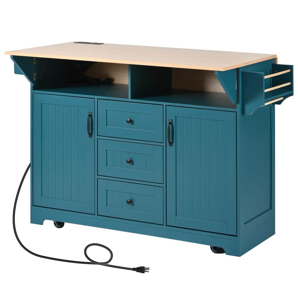 Green MDF Kitchen Island with Drop Leaf, Rolling Cart with Power Outlet, Spice & Towel Rack, 3 Drawers, for Kitchen
