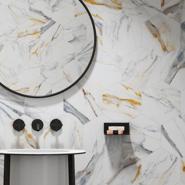 Calacatta Gold Blue Hexagon 7.79 in. x 8.97 in. Matte Porcelain Floor and Wall Tile (9.05 sq. ft./Case)