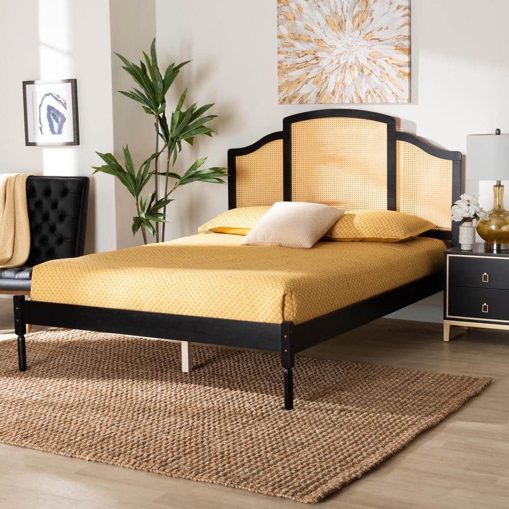 Queen Black Wood Platform Bed with Woven Rattan Headboard