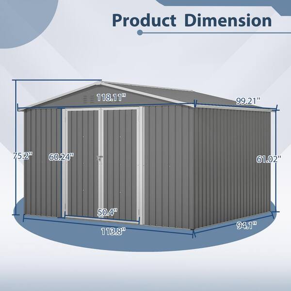 Staykiwi 10 ft. W x 8 ft. D Grey Metal Storage Shed with